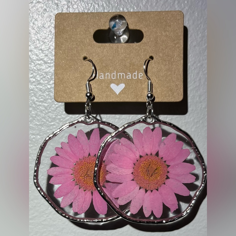 Handmade Pink Daisy Resin Hoop Earrings